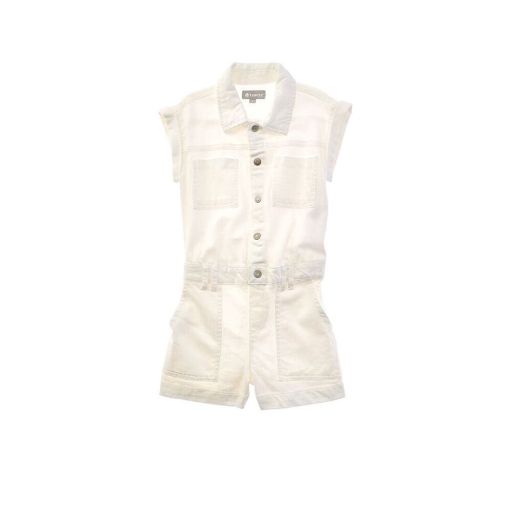 Tractr Girls Jeans Cargo Romper With Patch Pocket, White